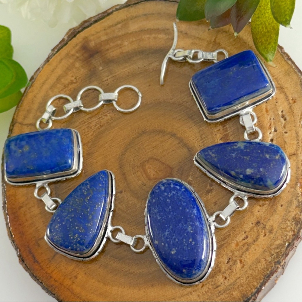 Lapis Lazuli Extra Chunky Bracelet Oval Pear Blue 925 Sterling Silver Overlay